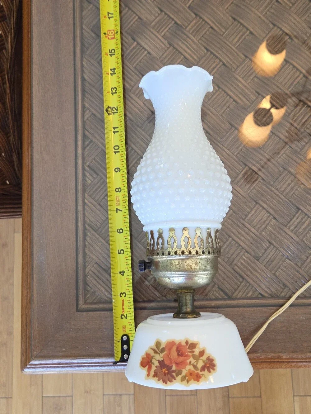 Vintage Hobnail Milk Glass Table Lamp with Floral Base Cottagecore Boudoir Lamp